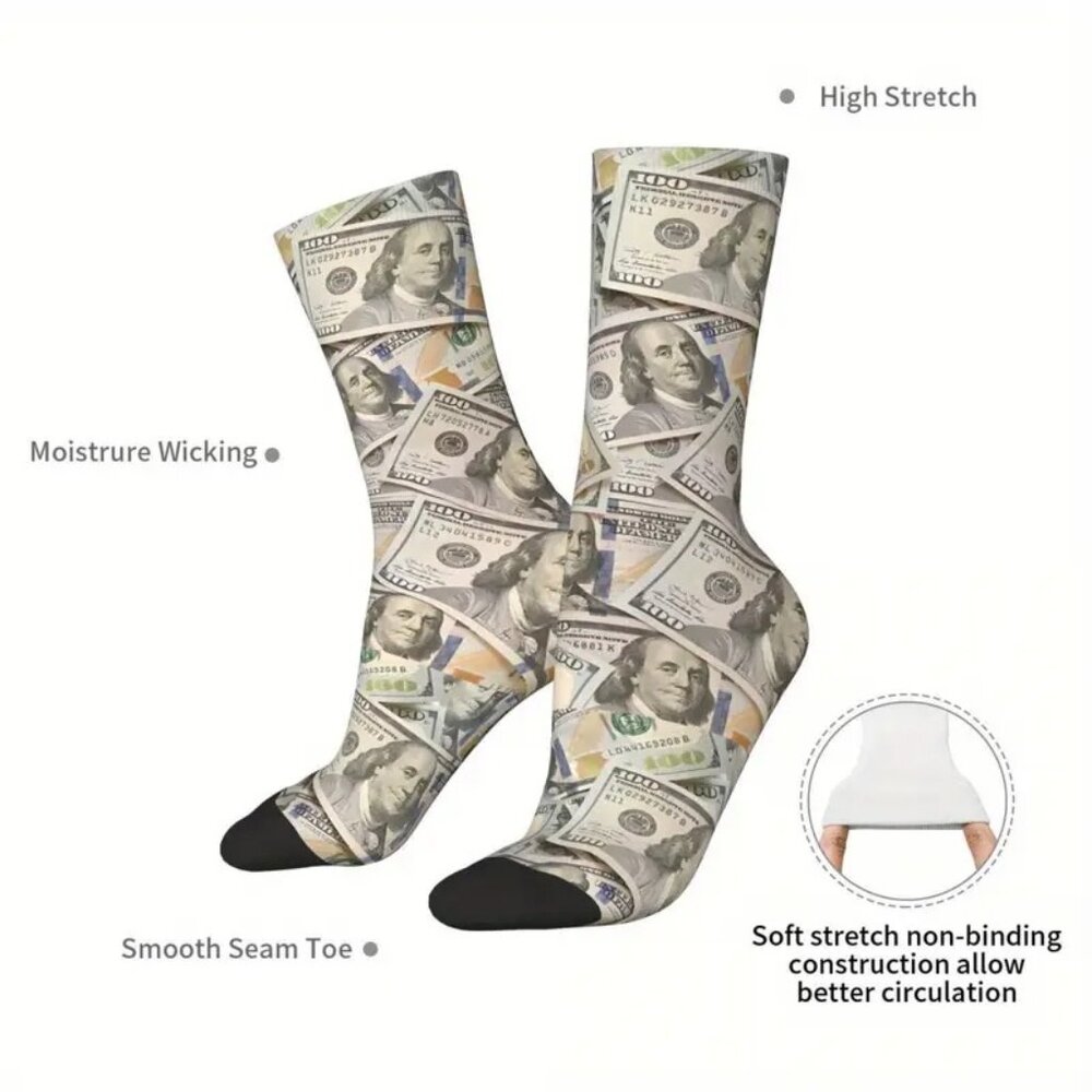 🎁Funky Money Print Mid-Calf Socks Moisture-Wicking Stretch Fit - Picture 4 of 6